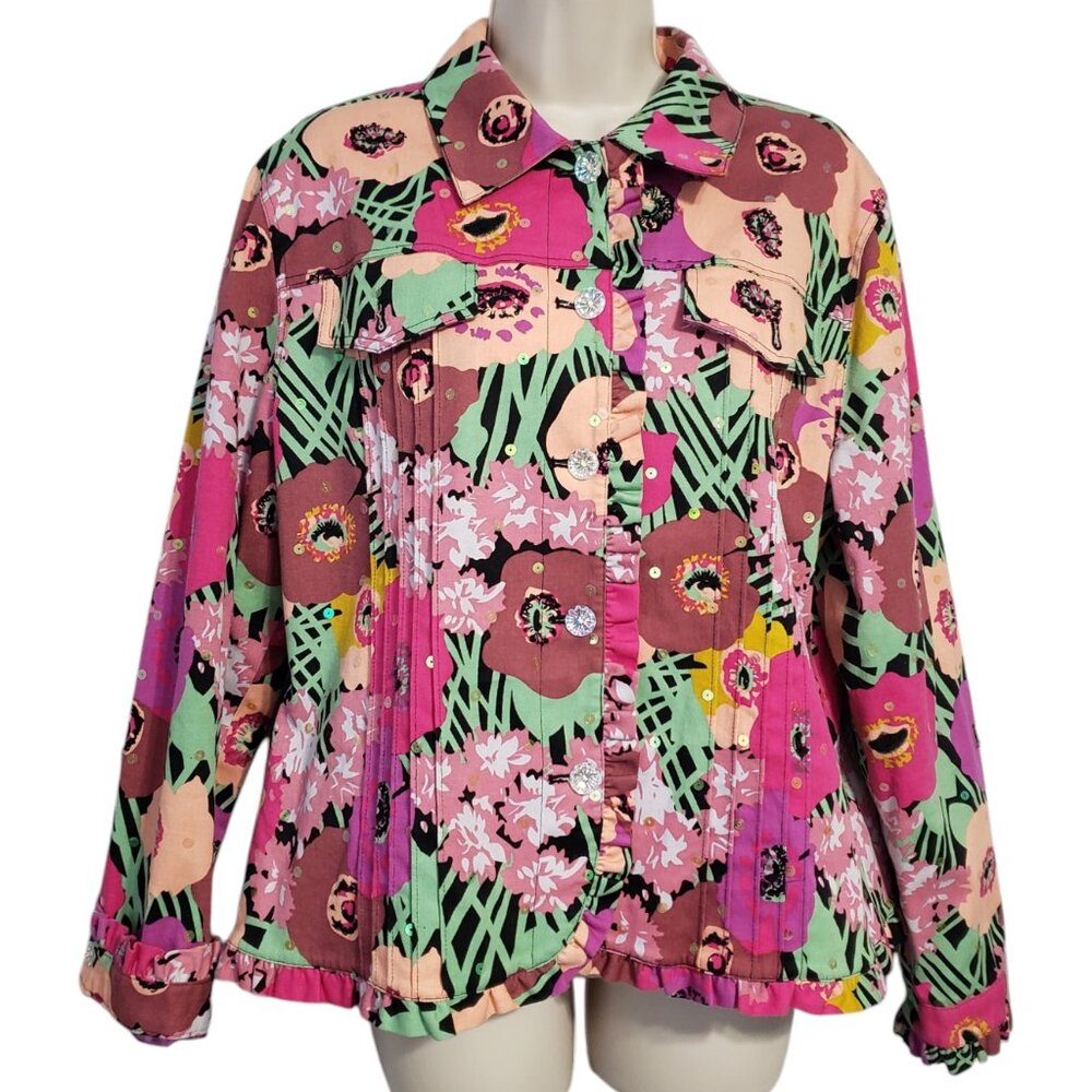 Vtg Y2K Redd Jeans Jacket Sz 10 Sequin Beaded Pink Floral Ruffle Sparkle Bling